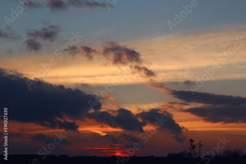  Autumn sky with dark and Golden clouds at sunset, silhouettes of trees, autumn landscape