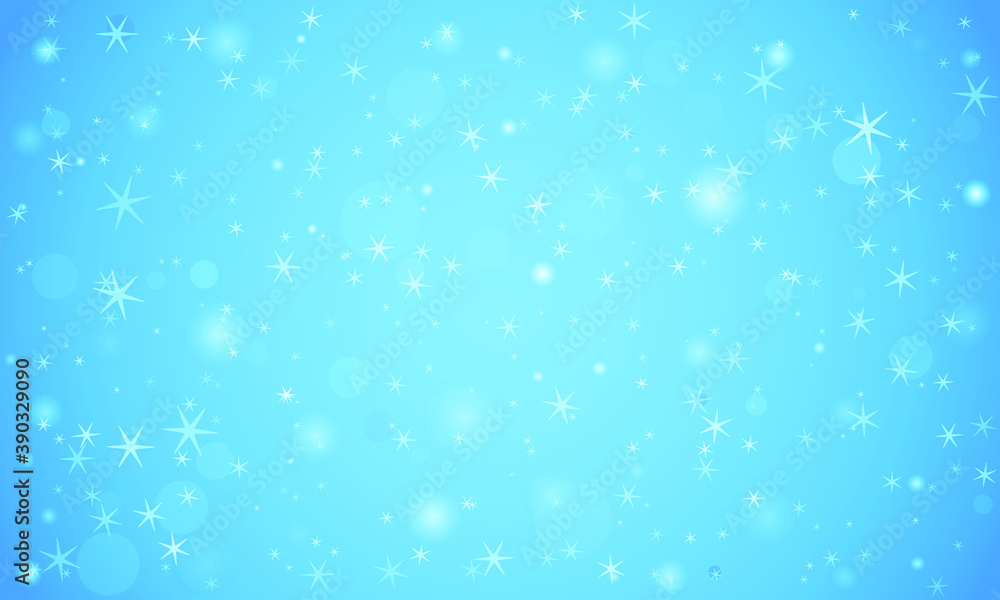 Abstract blue background with snowflakes and white sparkles. New Year decor design.