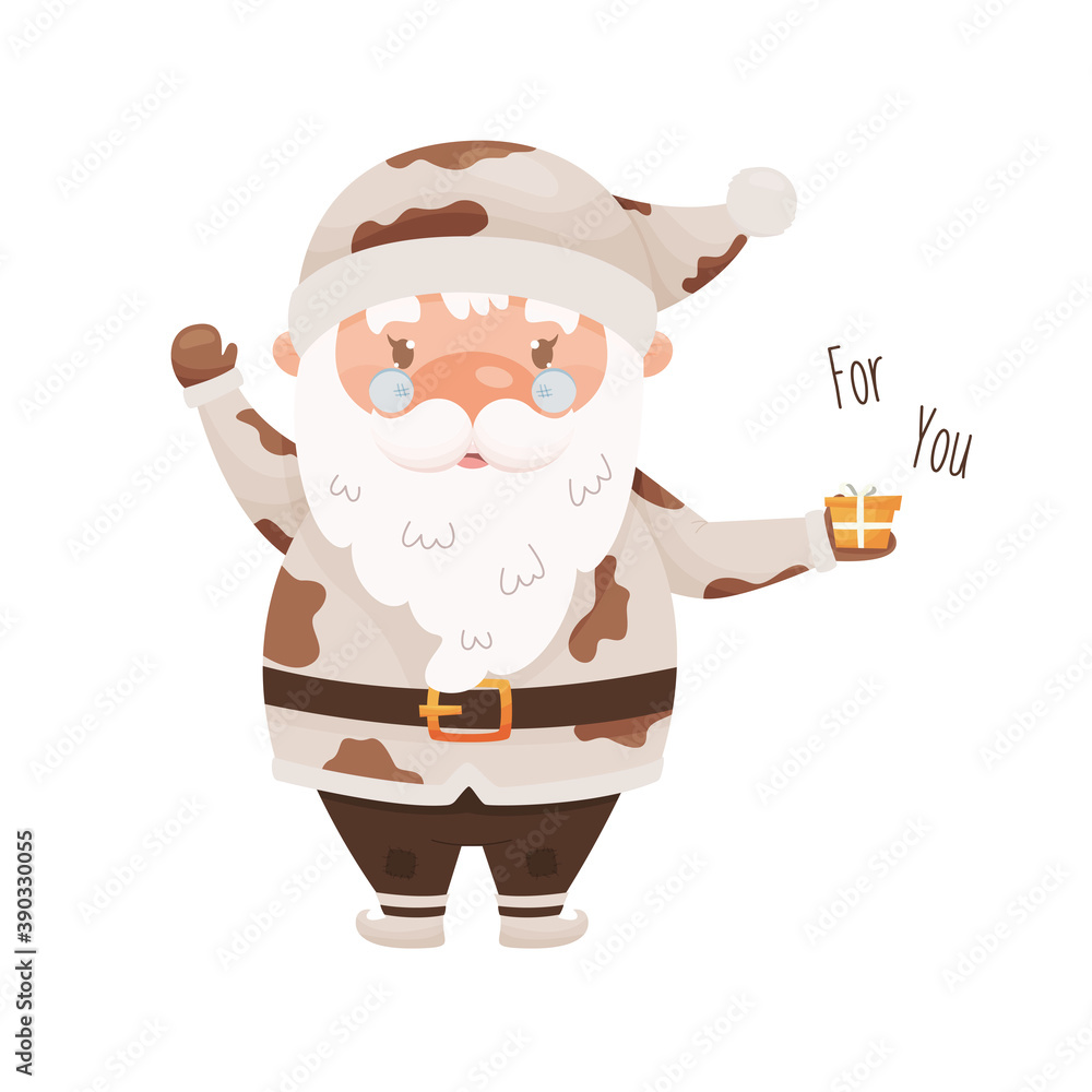 Cute cartoon Santa Claus character with a small gift box, wearing the costume with cow pattern. For Chinese New year of the zodiac ox cow year. Vector illustration.