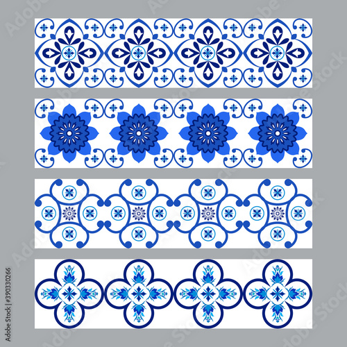 Set of azulejos portuguese traditional ornamental tile borders, blue and white pattern