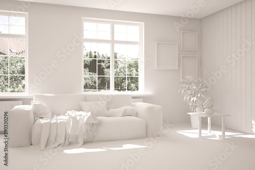 White living room with sofa and summer landscape in window. Scandinavian interior design. 3D illustration