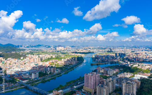 Aerial view of Humen Town  Dongguan City  Guangdong Province  China
