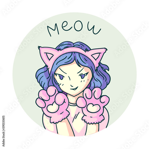 Anime manga kitty girl say meow sticker on white background