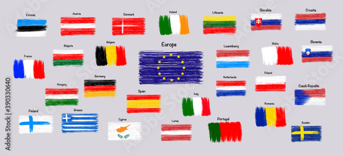 All EU flags. Brush strokes painted flags, grunge flags, vector illustration.