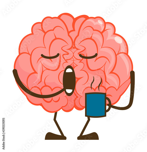 Isolated sleepy brain emoji with morning coffee cup yawning