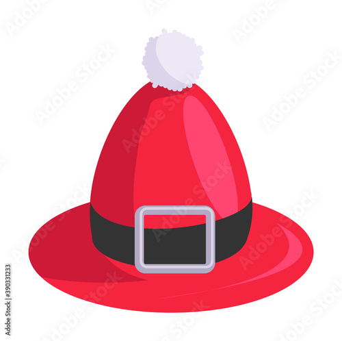 Red leprechaun hat with fur ball and belt isolated on white