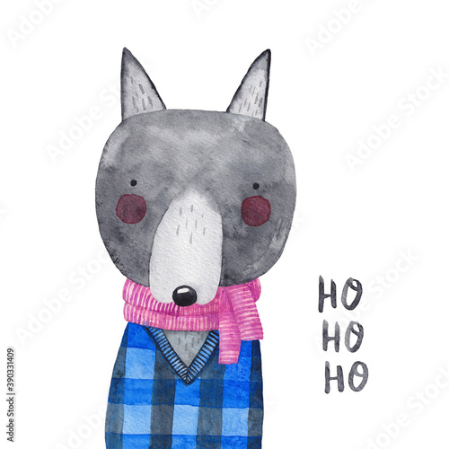 Winter wolf portrait. Winter card. Watercolor animal.