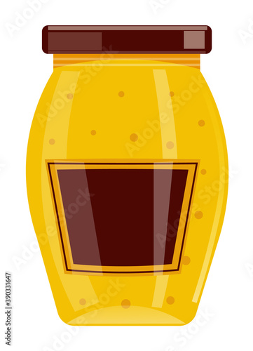 Grain mustard sauce in glass bottle isolated on white