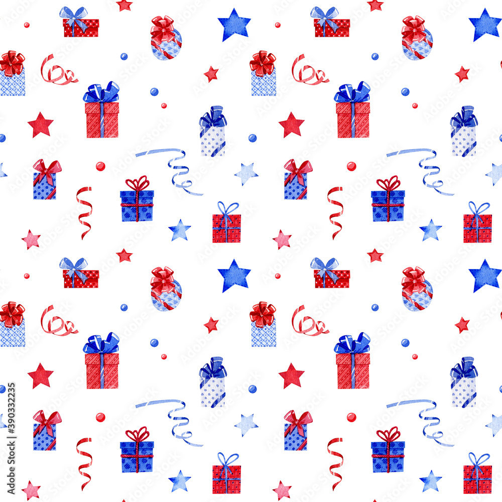 Watercolor Christmas pattern in red-blue colors. Xmas gifts, garland, decor, stars and ribbons. Seamless background on a Christmas theme.  