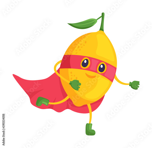 Funny lemon superhero running isolated on white background