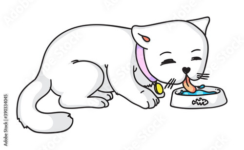 Vector cat. Cute fuzzy white cat mascot eating liquid meal, drinking milk or water from bowl isolated. Domesticated hungry feline creature vector illustration