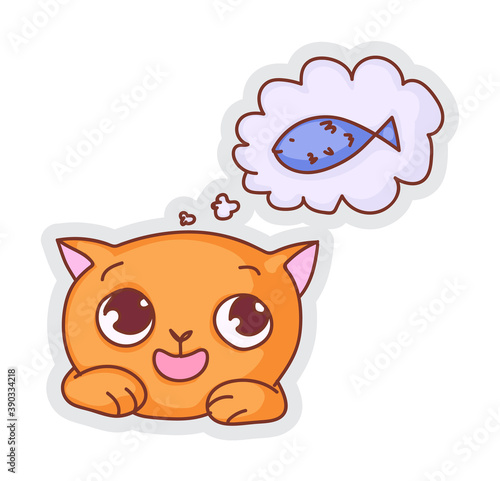 Cat dreaming sticker. Cute funny cat thinking about meal dreaming of fish isolated on white background. Hunger hope, wish and thought sticker vector illustration