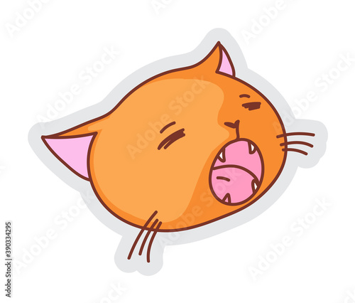 Yawning cat. Vector funny cat with fanged mouth opened meowing loudly or yawning isolated sticker illustration on white background