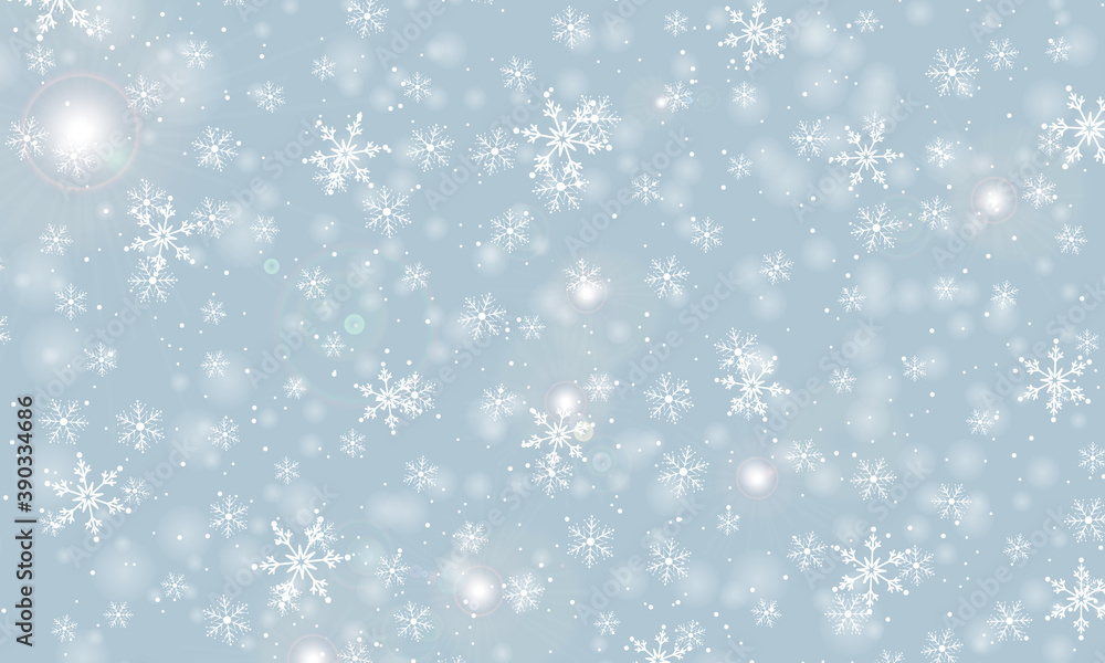 Falling Snow. Vector Illustration. White Snowflakes. Winter Blue Sky. Christmas Texture. Snow Fall Background.