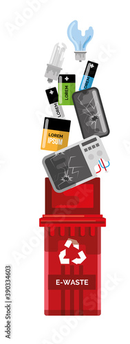 Red recycle garbage bin for e-waste separation on white