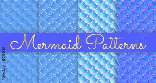 Mermaid Scales. Fish Squama. Set of Blue Seamless Patterns. Color Vector Illustration. Watercolor Background. Scale Print.