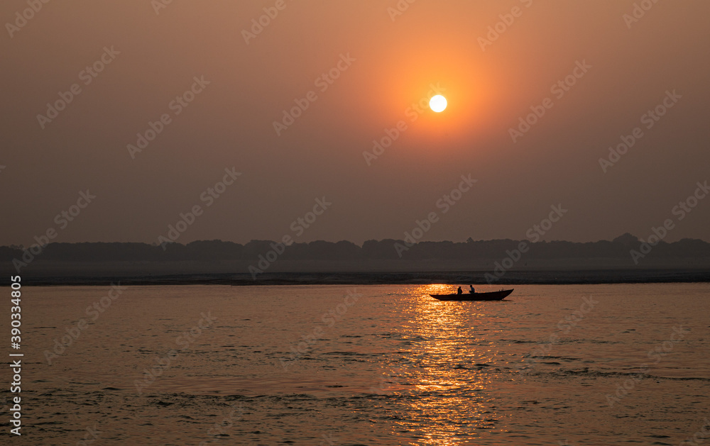 Sunrise view of ganges River in morning at ganga ghat in Varanasi Stock ...