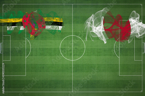 Dominica vs Japan Soccer Match, national colors, national flags, soccer field, football game, Copy space