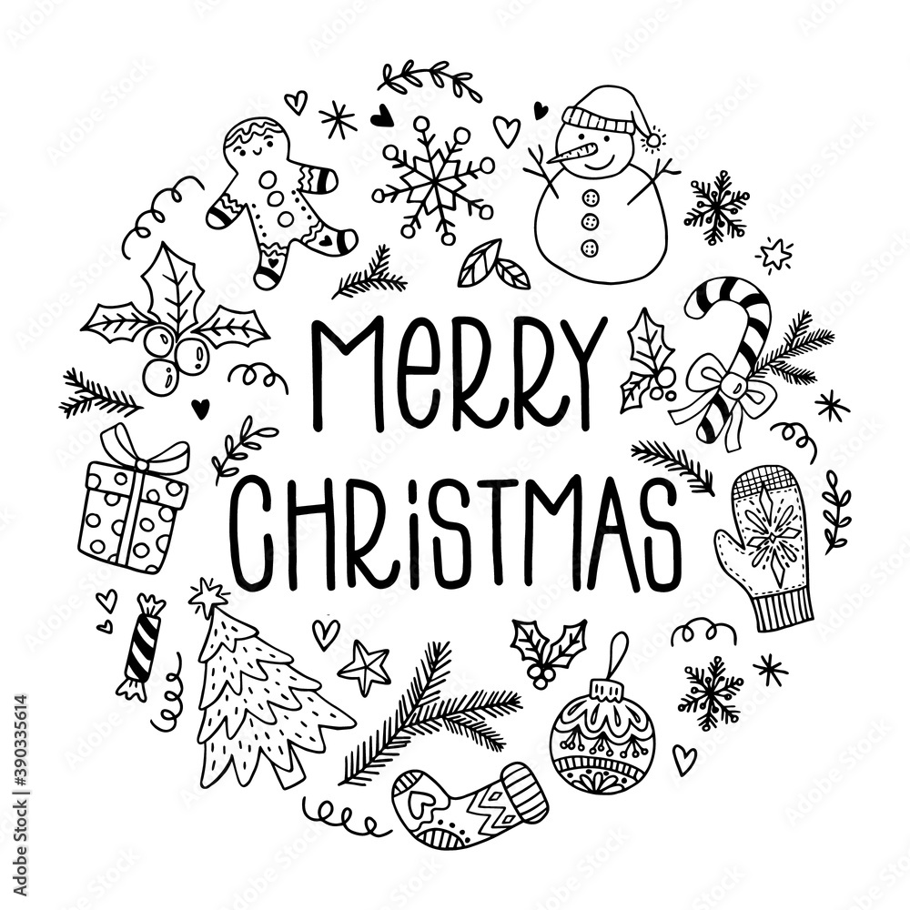 Set of Christmas design element in doodle style