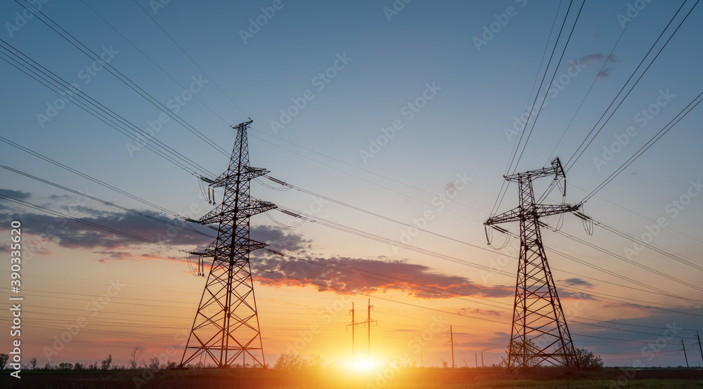 Electrical substation silhouette on the dramatic sunset background