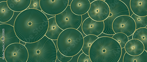 Golden lotus leaf line arts on dark background, Luxury gold wallpaper design for prints, banner, fabric, poster, cover, digital arts vector illustration..