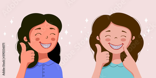 Cute girl smiles and shows braces, illustration of a girl with braces, even teeth and a wide smile. The trend of flat design character, smile and braces. Concept of dental care.