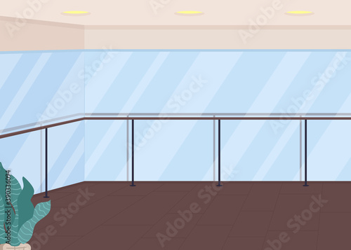 Empty ballet studio flat color vector illustration. Gym space for aerobics class. Yoga school. Space for gymnastics lesson. Fitness center 2D cartoon interior with mirrors on background