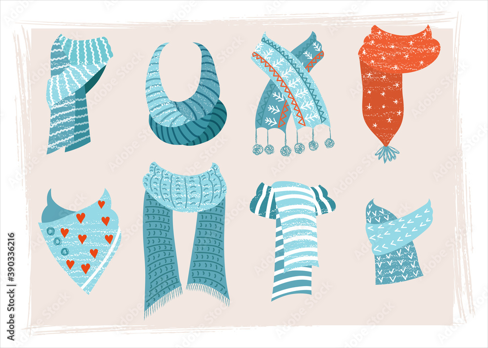 Cute vector set of winter scarves in Scandinavian style. Collection of 8 items of outerwear. Design elements of a winter greeting card for New year or Christmas. Hand drawing