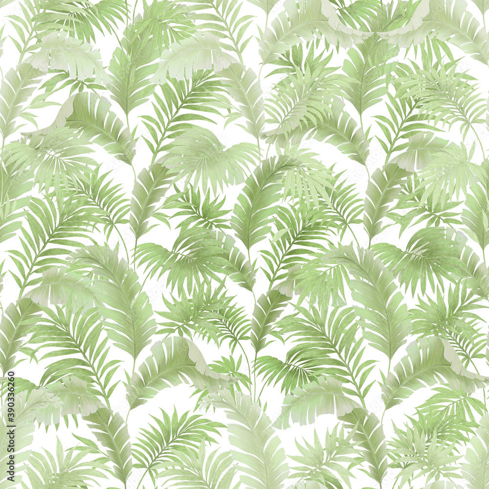 A pattern of tropical hand-drawn leaves. Green tropics. interior printing.