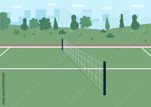 Tennis court flat color vector illustration. City park with place for tournament game. Space with net for playing. Active lifestyle. Urban 2D cartoon landscape with skyline on background