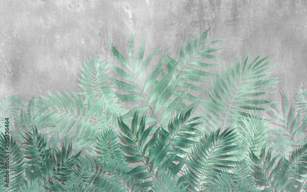 Drawing of tropical leaves in the style of wall plaster in turquoise tones. - obrazy, fototapety, plakaty 