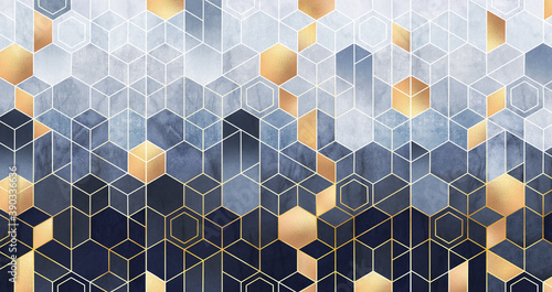 Geometric abstraction of hexagons on a blue relief background with gold elements. Fresco for interior printing, Wallpapers. Mural art.