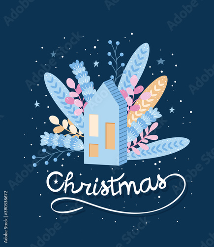 Christmas postcard 2021 blue with house and leaves and flowers hugge style vector 