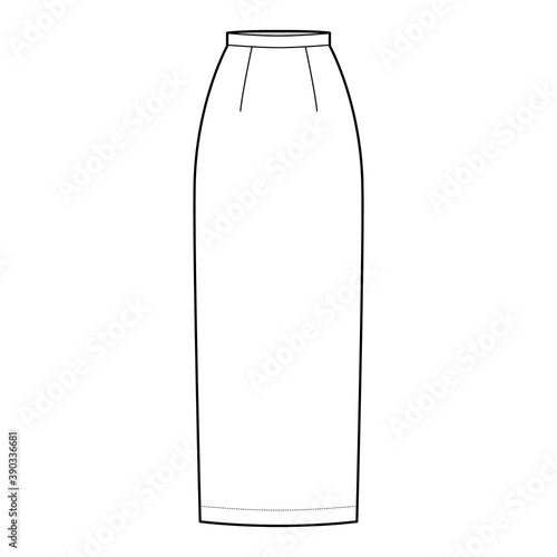 Skirt maxi pencil fullness silhouette technical fashion illustration with back slit, floor ankle lengths. Flat bottom template front, white color style. Women men unisex CAD mockup