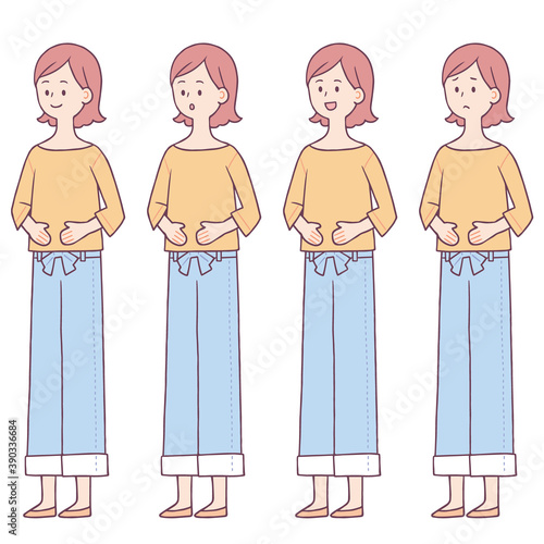 お腹をおさえる女性　表情セット