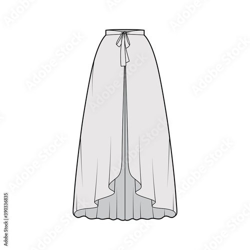 Over Skirt circular fullness technical fashion illustration with bow, floor ankle lengths, thin waistband. Flat bottom template front, grey color style. Women men unisex CAD mockup