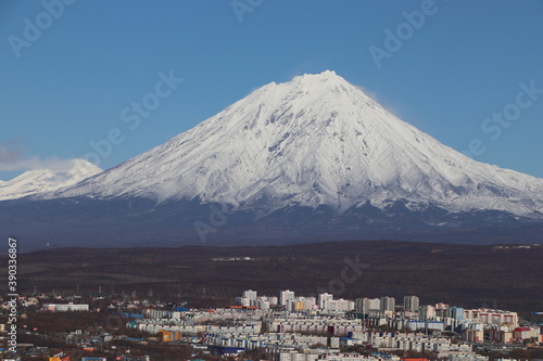 Panoramic view of the city Petropavlovsk-Kamchatsky and volcanoes. Kamchatka Peninsula