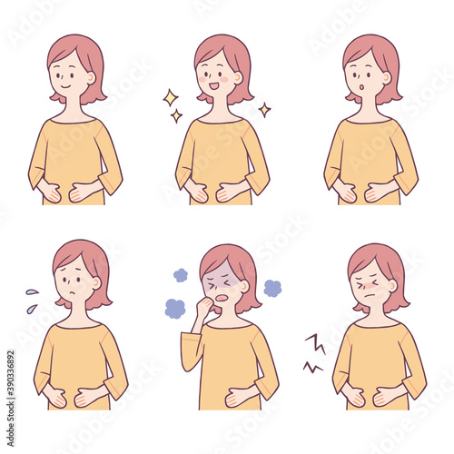 お腹をおさえる女性　表情セット