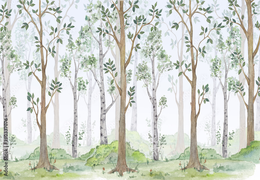 Watercolor illustration-Fairy forest. Children's interior Wallpaper. - obrazy, fototapety, plakaty 