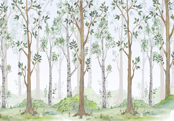 Gardinen Kinderzimmer Aquarellillustration-Feenwald. Kinder-Innenraum Wallpaper.  © Katrine_arty