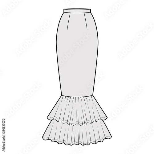 Skirt mermaid fishtail maxi technical fashion illustration with floor ankle lengths silhouette, pencil fullness. Flat bottom template front, grey color style. Women men unisex CAD mockup