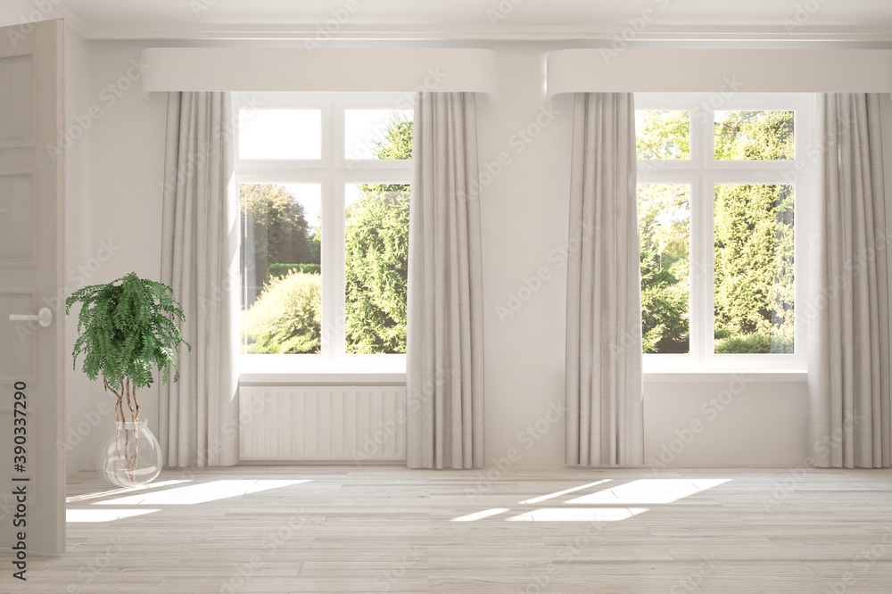 White empty room with summer landscape in window. Scandinavian interior design. 3D illustration White empty room with summer landscape in window. Scandinavian interior design. 3D illustration