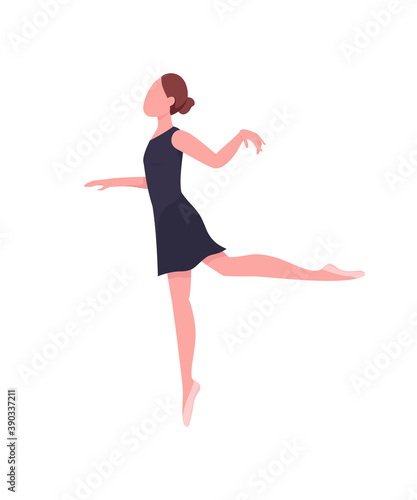 Ballerina flat color vector faceless character. Ballet dancer. Woman practice. Gymnast training. Classic dance practice isolated cartoon illustration for web graphic design and animation