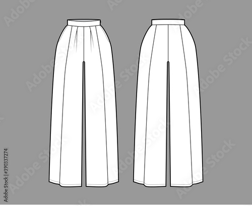 Pants skirt culotte gaucho technical fashion illustration with ankle floor length, oversize silhouette, side zipper. Flat bottom template front, back, white color style. Women, men, unisex CAD mockup