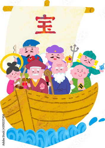 アクリル画風の七福神の宝船