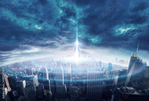 City of light beam technology, illustration background, illustration rendering