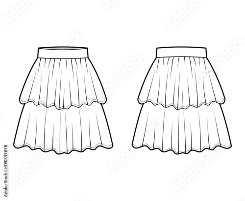 Skirt layered flounce technical fashion illustration with knee length silhouette, circular fullness, thick waistband. Flat bottom template front, back, white color style. Women, men, unisex CAD mockup