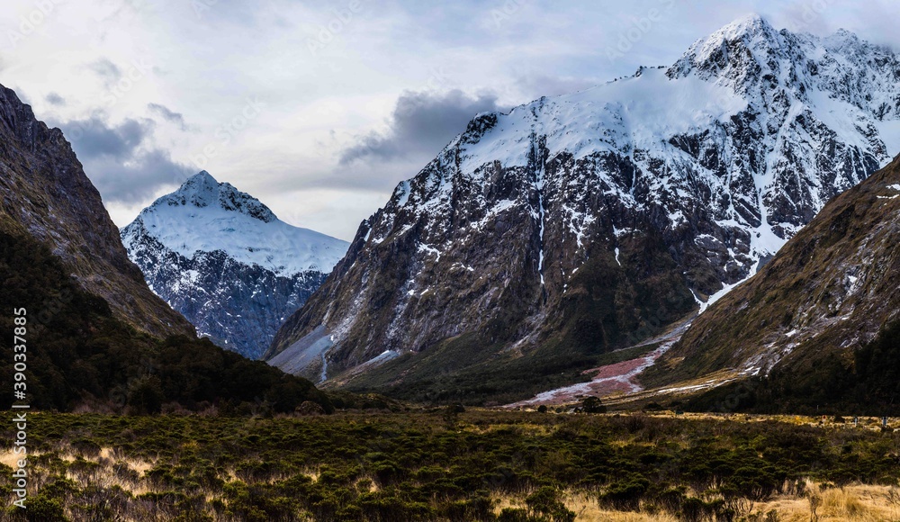 Close-up of snow mountain scenery in Fiordland National Park, New Zealand