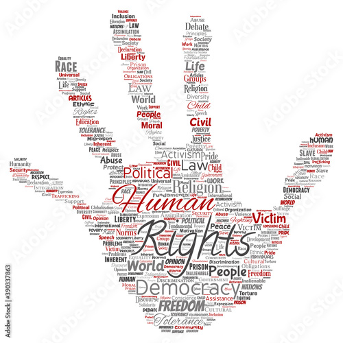 Vector conceptual human rights political freedom, democracy hand print stamp word cloud isolated background. Collage of humanity tolerance, law principles, people justice or discrimination concept