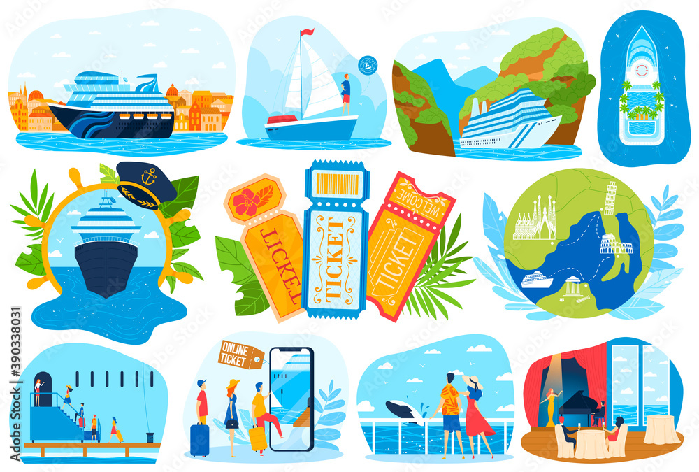 Cruise ship sea vacations set of vector illustration bundle. Summer ...